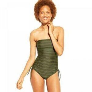 Olive Green Strapless Plaid One-Piece Swimsuit With Side Ties & Removable Straps